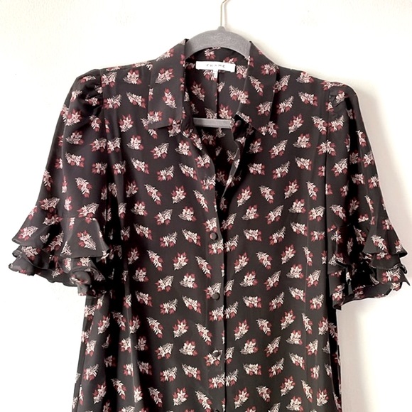 FRAME Silk Floral Print Button Front Ruffle Sleeve Shirtdress in Noir Multi - Picture 4 of 10